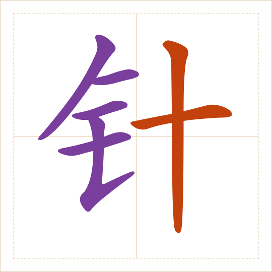 The character 针 (zhēn) with each of its parts in a different colour