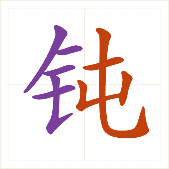 The character 钝 (dùn) with each of its parts in a different colour
