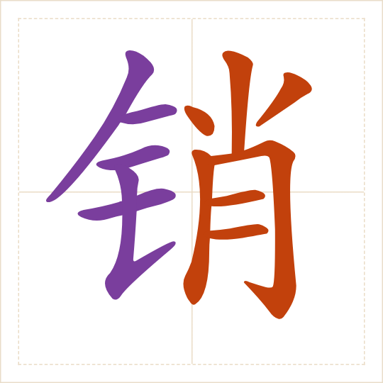 The character 销 (xiāo) with each of its parts in a different colour