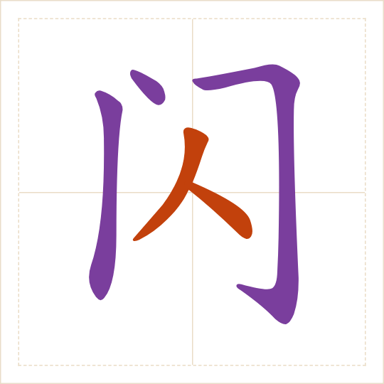 The character 闪 (shǎn) with each of its parts in a different colour