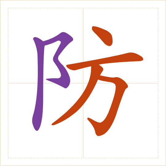 The character 防 (fáng) with each of its parts in a different colour