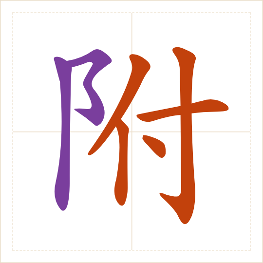 The character 附 (fù) with each of its parts in a different colour
