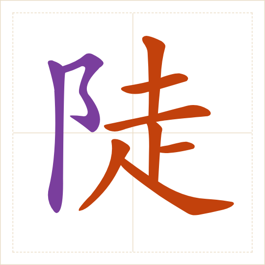 The character 陡 (dǒu) with each of its parts in a different colour
