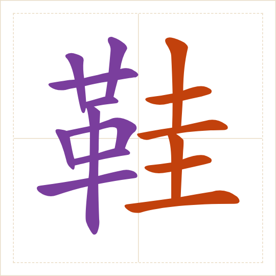 The character 鞋 (xié) with each of its parts in a different colour