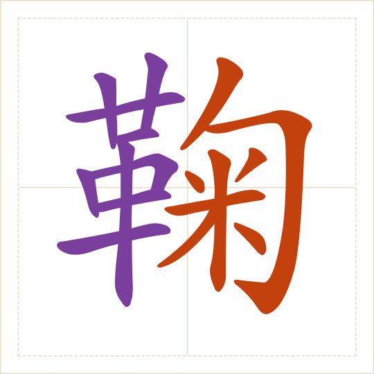 The character 鞠 (jū) with each of its parts in a different colour