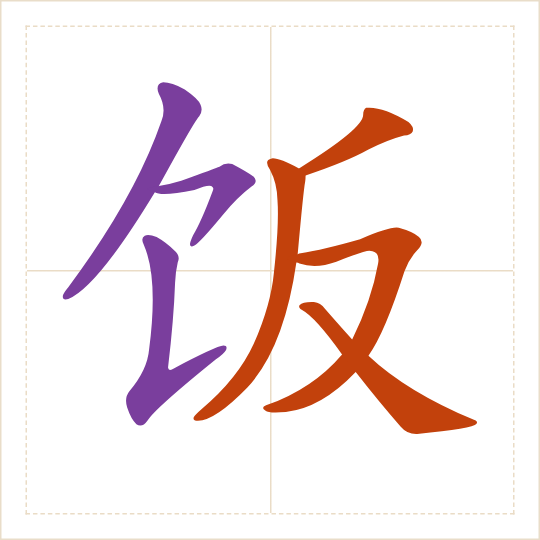 The character 饭 (fàn) with each of its parts in a different colour