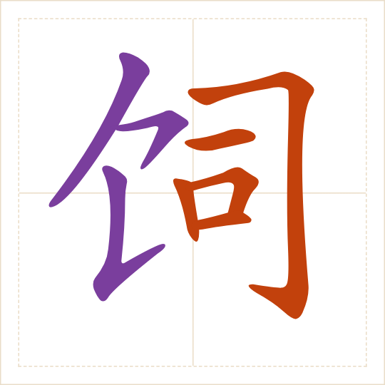 The character 饲 (sì) with each of its parts in a different colour