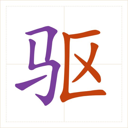 The character 驱 (qū) with each of its parts in a different colour