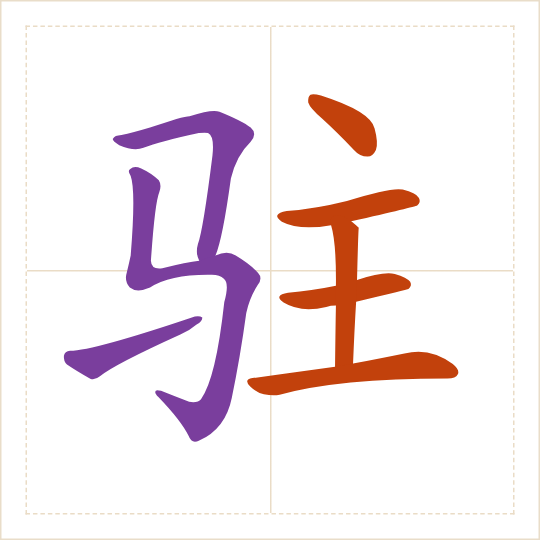 The character 驻 (zhù) with each of its parts in a different colour