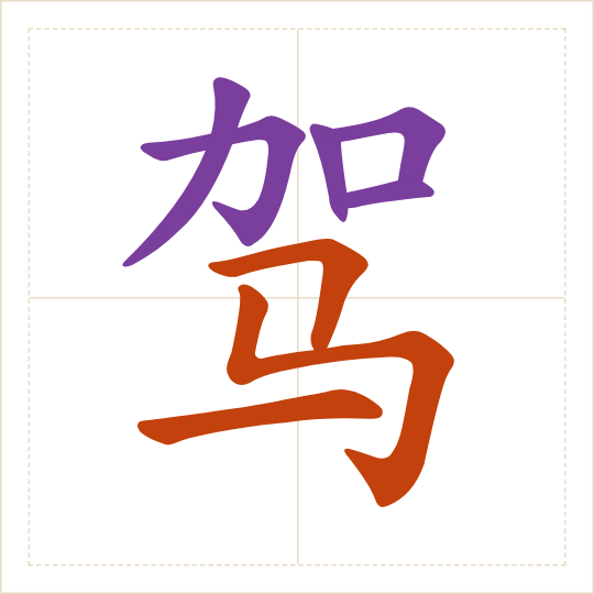 The character 驾 (jià) with each of its parts in a different colour