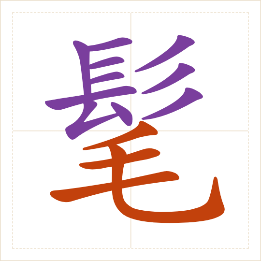 The character 髦 (máo) with each of its parts in a different colour