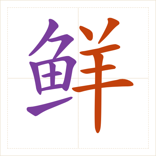 The character 鲜 (xiān) with each of its parts in a different colour