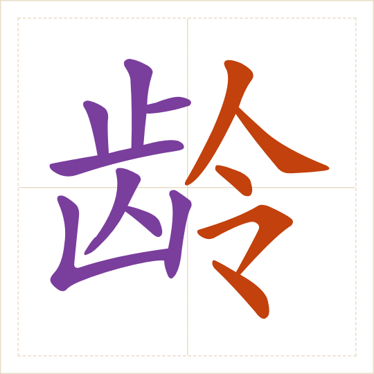 The character 龄 (líng) with each of its parts in a different colour