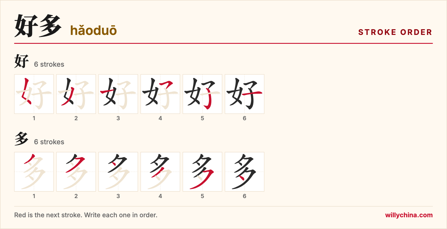 好多 (hǎoduō) stroke order chart: each stroke of the characters in the order you write them