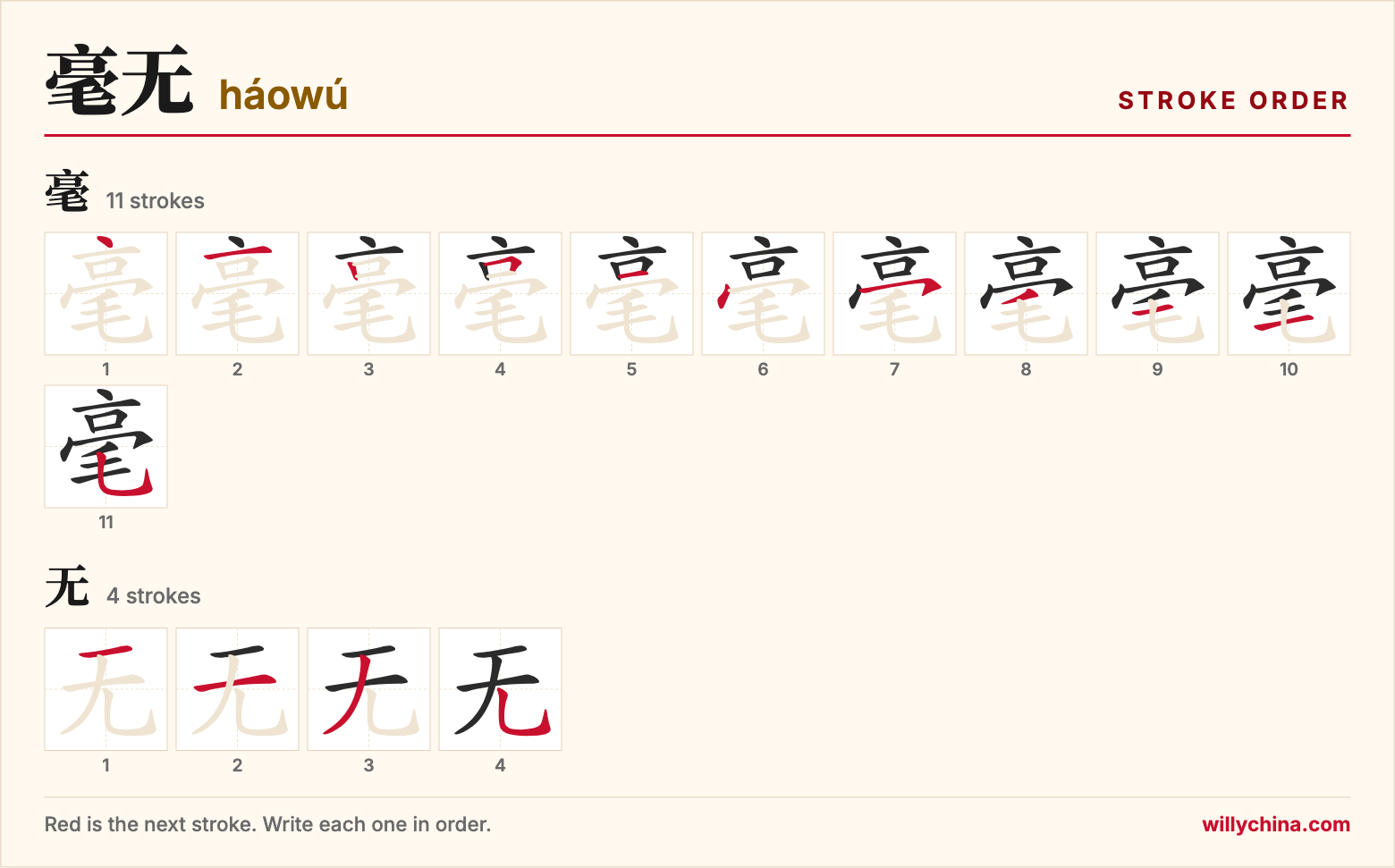 毫无 (háowú) stroke order chart: each stroke of the characters in the order you write them