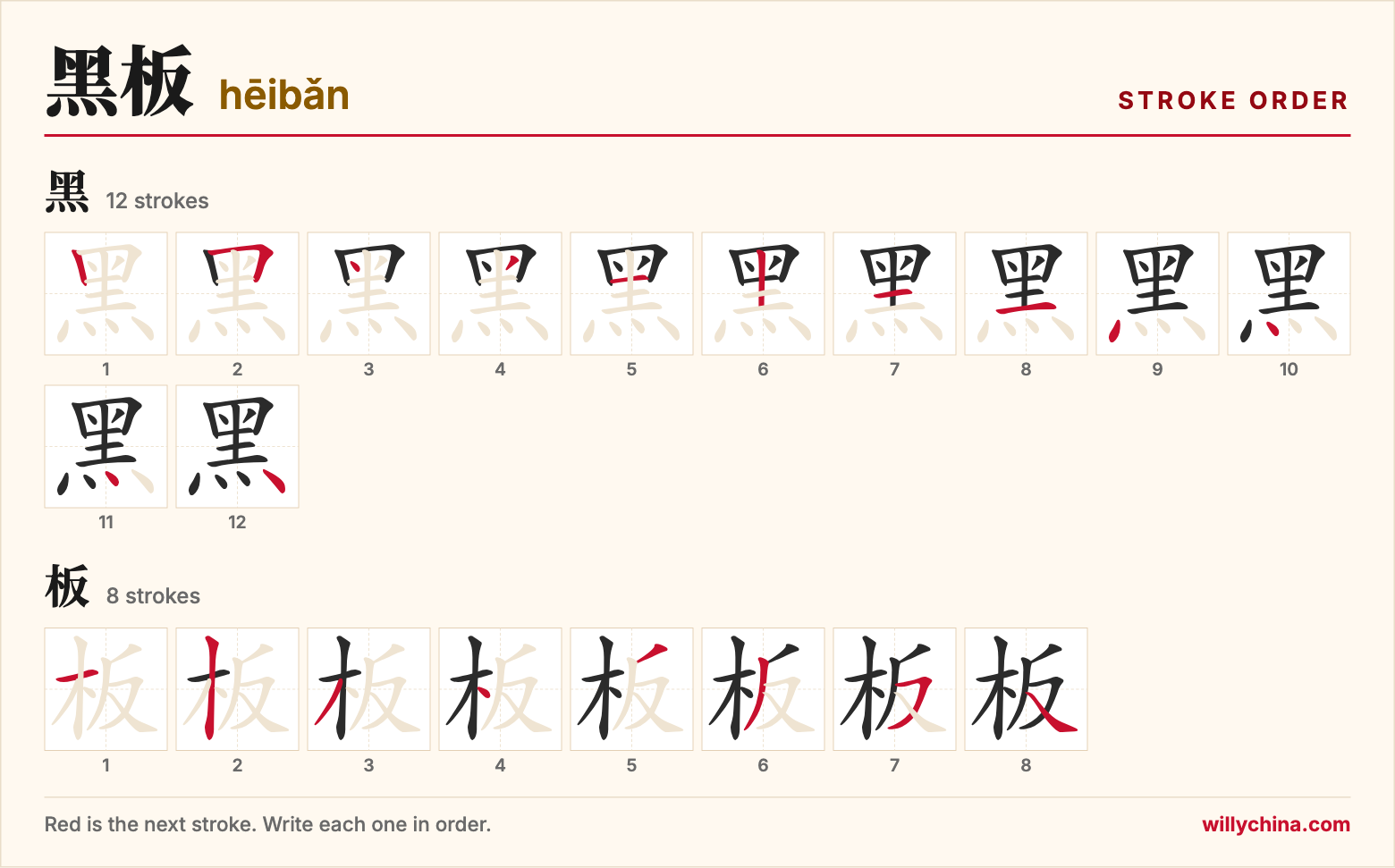 黑板 (hēibǎn) stroke order chart: each stroke of the characters in the order you write them