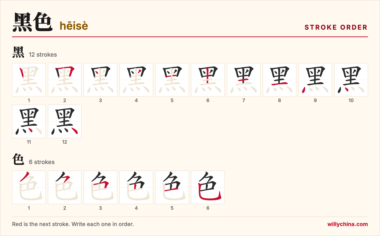 黑色 (hēisè) stroke order chart: each stroke of the characters in the order you write them