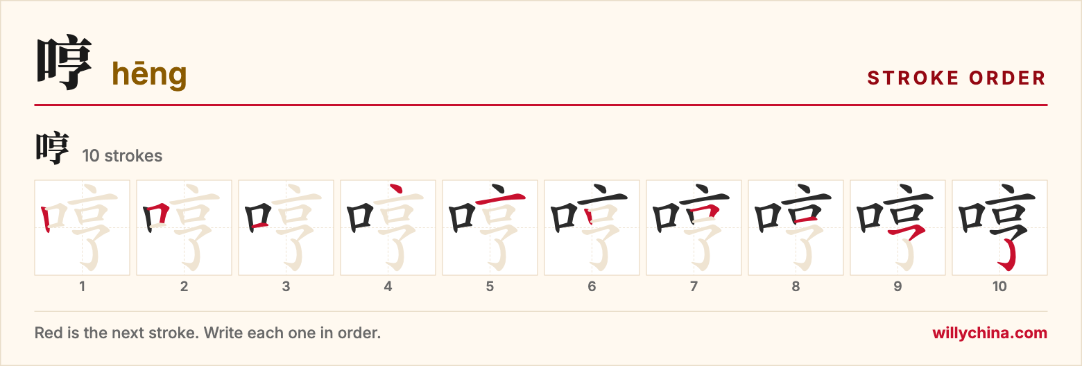 哼 (hēng) stroke order chart: each stroke of the character in the order you write it