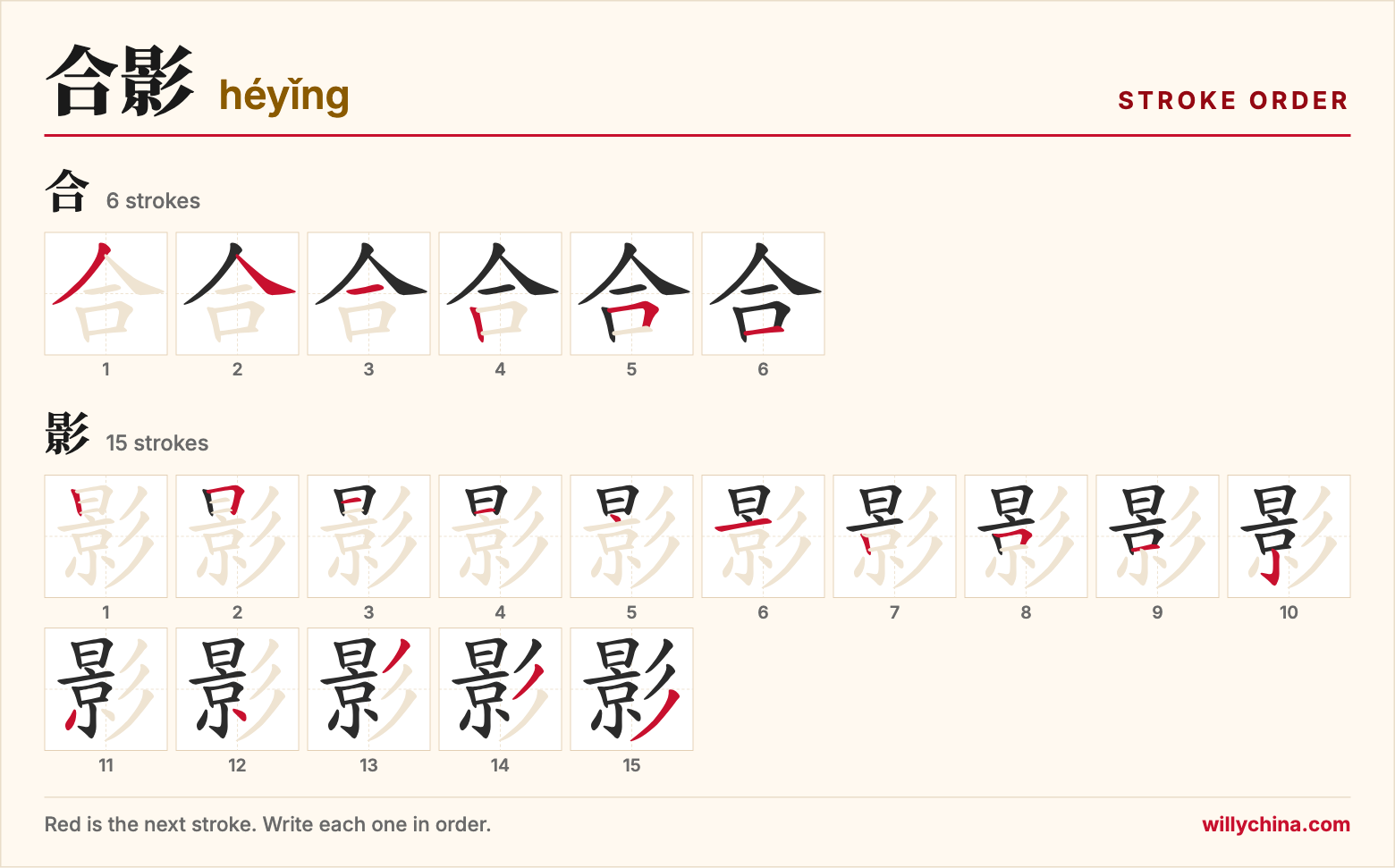 合影 (héyǐng) stroke order chart: each stroke of the characters in the order you write them