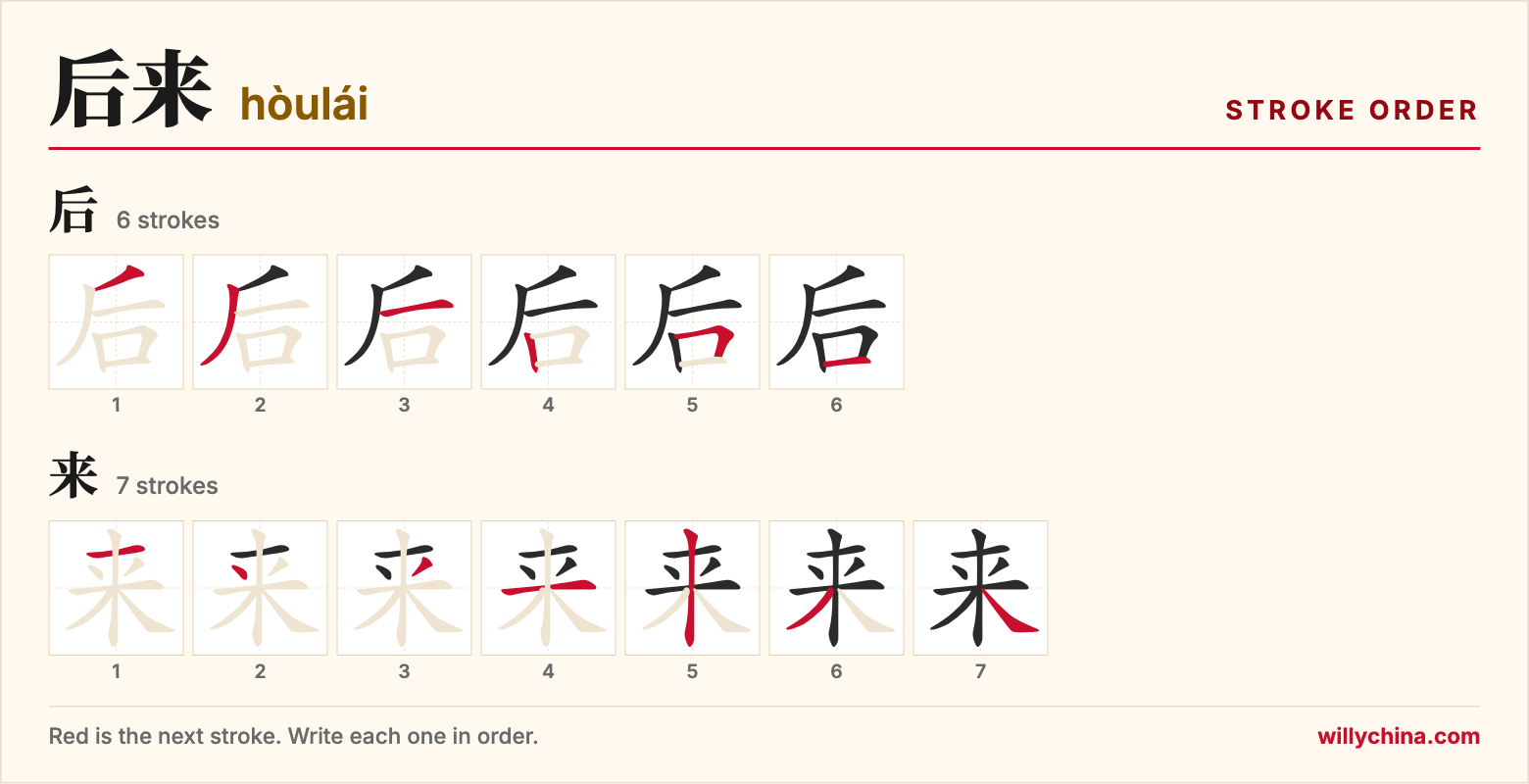 后来 (hòulái) stroke order chart: each stroke of the characters in the order you write them