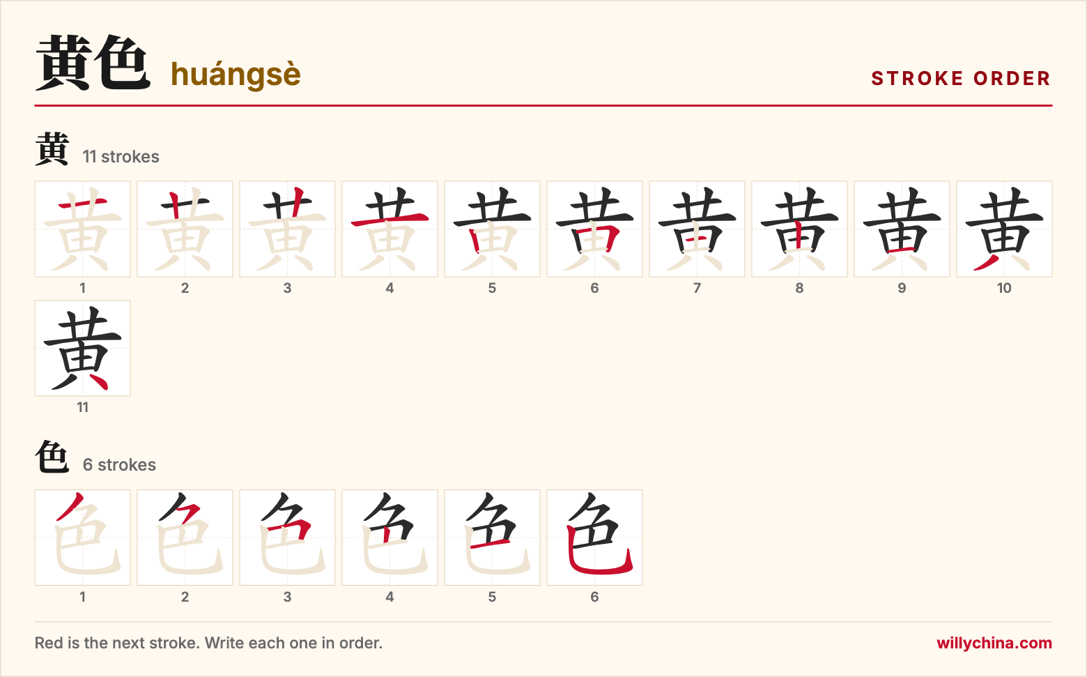 黄色 (huángsè) stroke order chart: each stroke of the characters in the order you write them