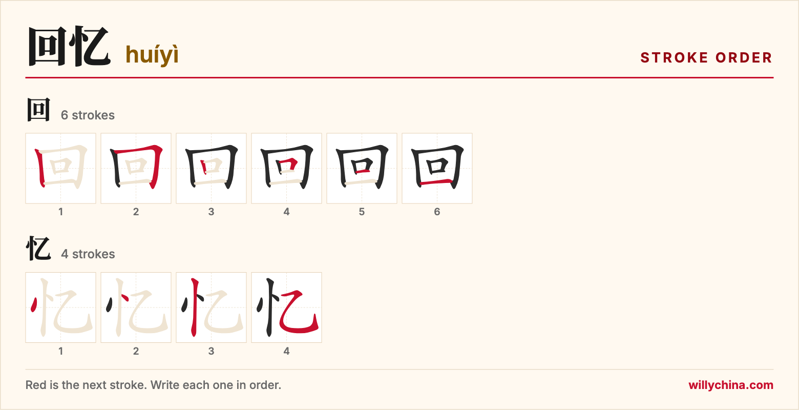 回忆 (huíyì) stroke order chart: each stroke of the characters in the order you write them