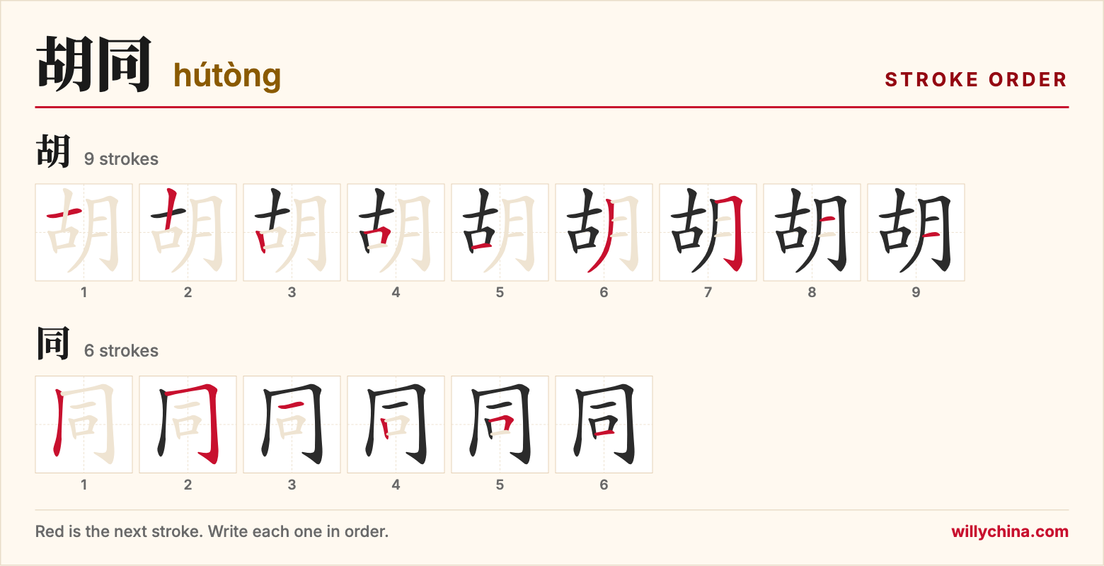 胡同 (hútòng) stroke order chart: each stroke of the characters in the order you write them