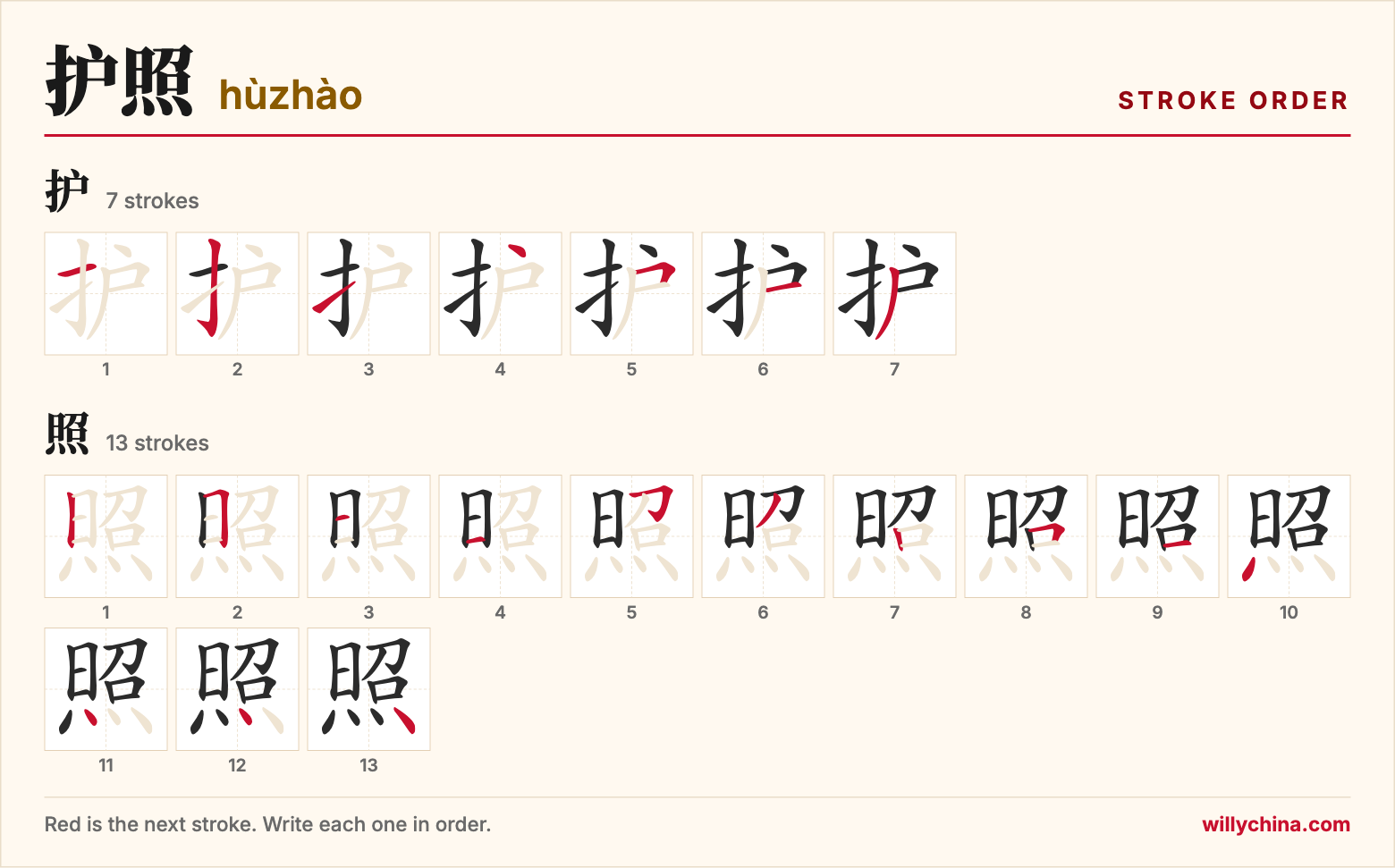 护照 (hùzhào) stroke order chart: each stroke of the characters in the order you write them