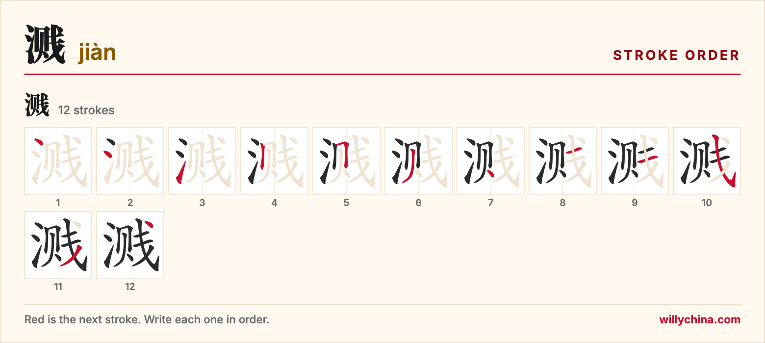 溅 (jiàn) stroke order chart: each stroke of the character in the order you write it