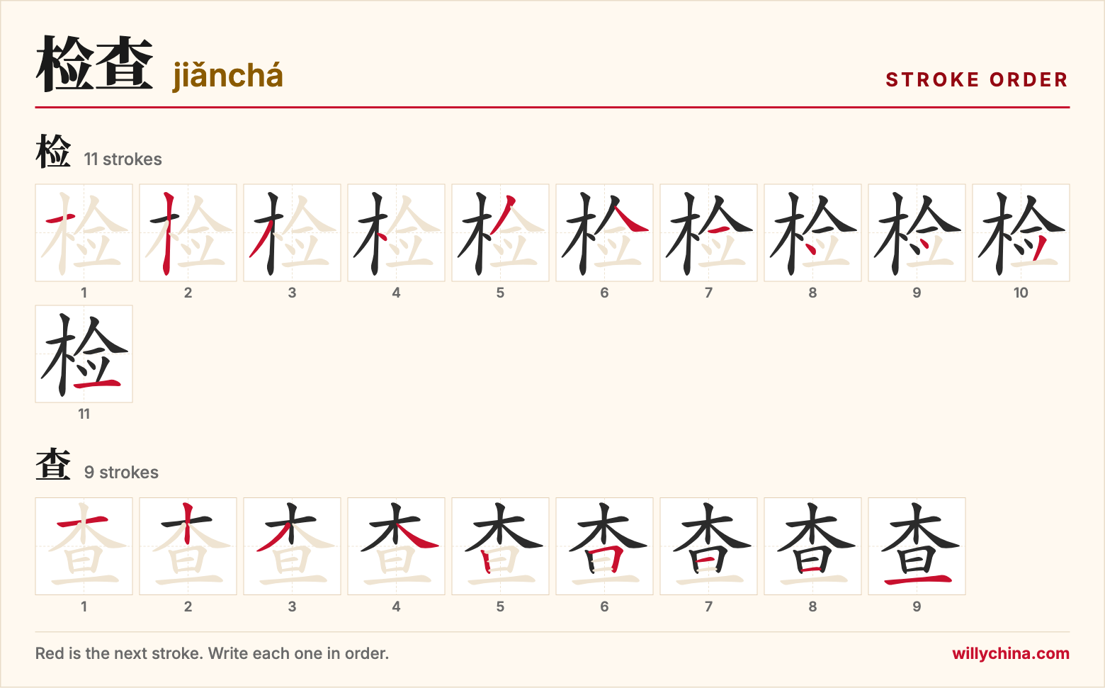 检查 (jiǎnchá) stroke order chart: each stroke of the characters in the order you write them
