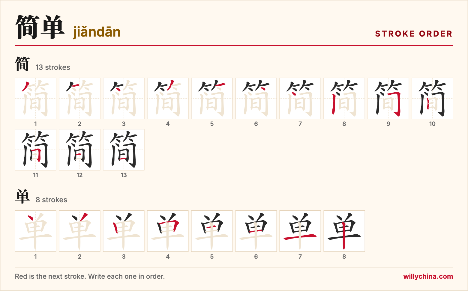 简单 (jiǎndān) stroke order chart: each stroke of the characters in the order you write them