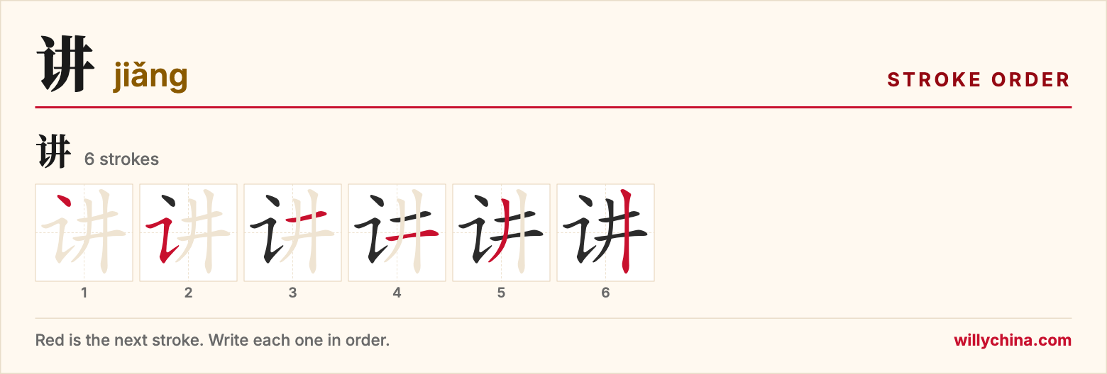 讲 (jiǎng) stroke order chart: each stroke of the character in the order you write it