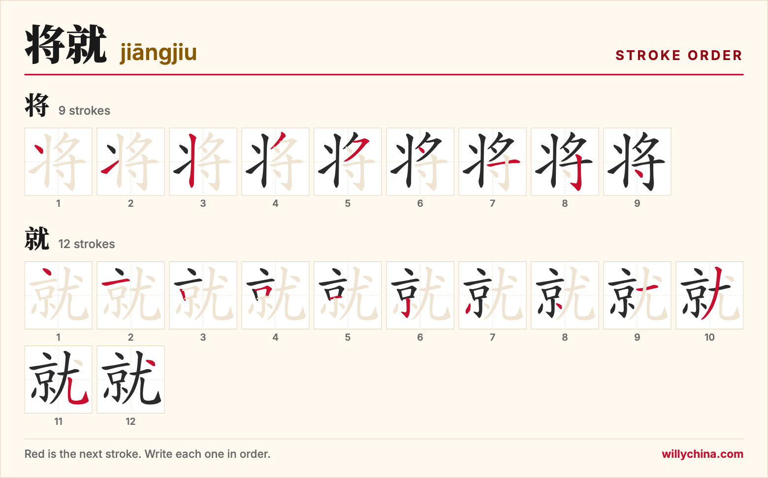 将就 (jiāngjiu) stroke order chart: each stroke of the characters in the order you write them