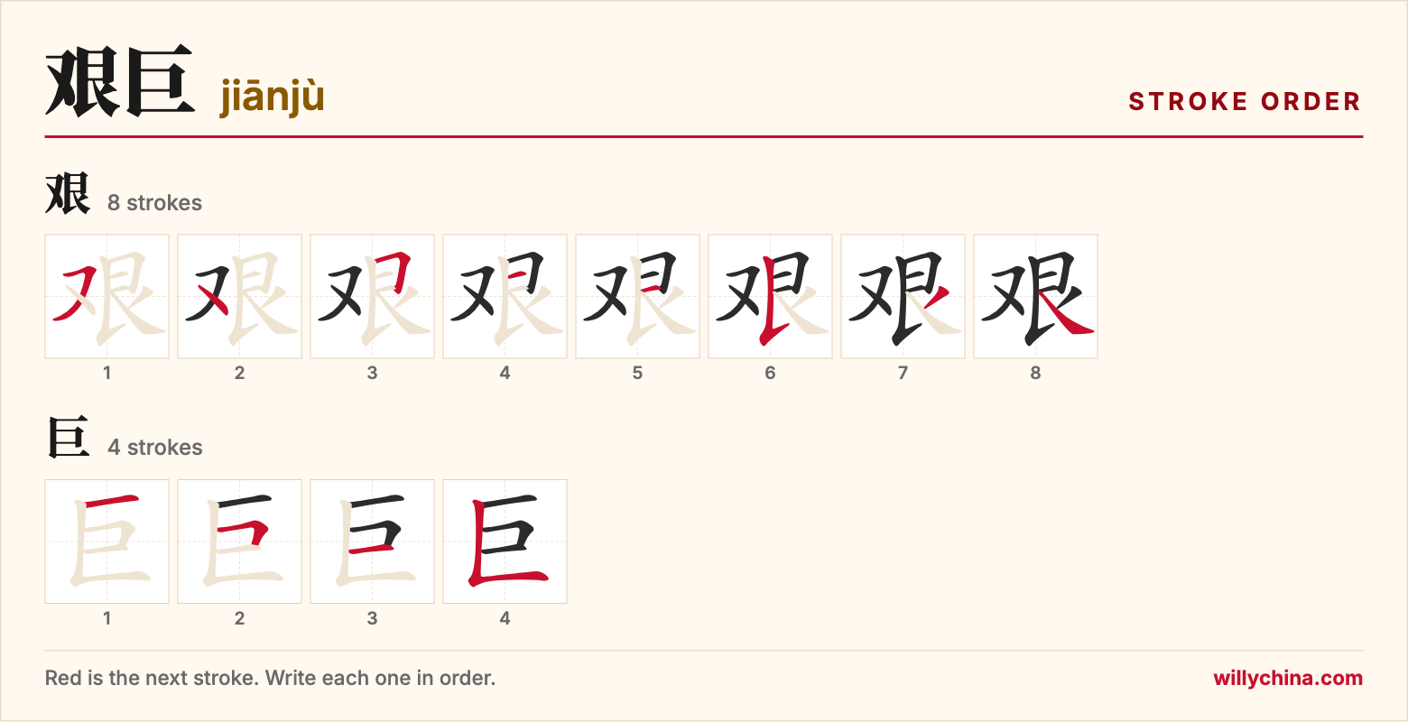 艰巨 (jiānjù) stroke order chart: each stroke of the characters in the order you write them