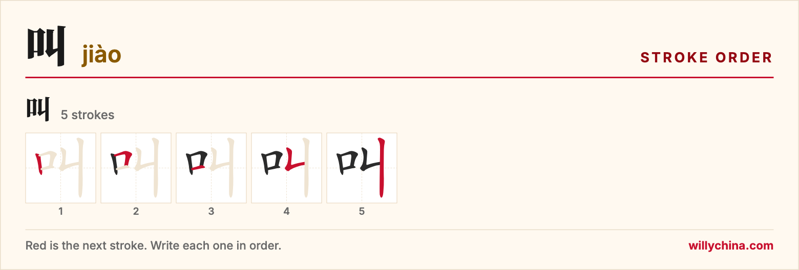 叫 (jiào) stroke order chart: each stroke of the character in the order you write it
