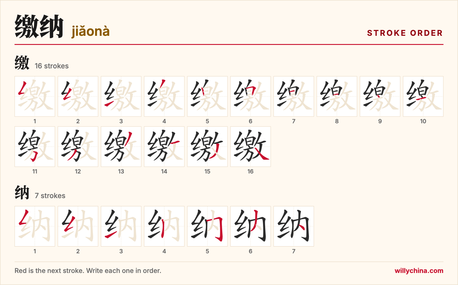 缴纳 (jiǎonà) stroke order chart: each stroke of the characters in the order you write them
