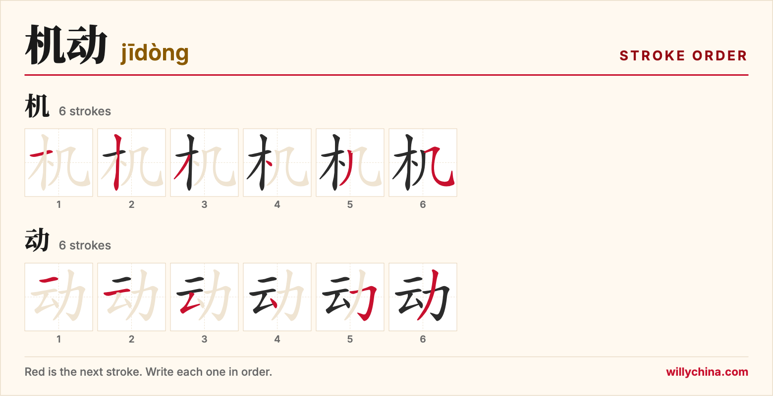 机动 (jīdòng) stroke order chart: each stroke of the characters in the order you write them