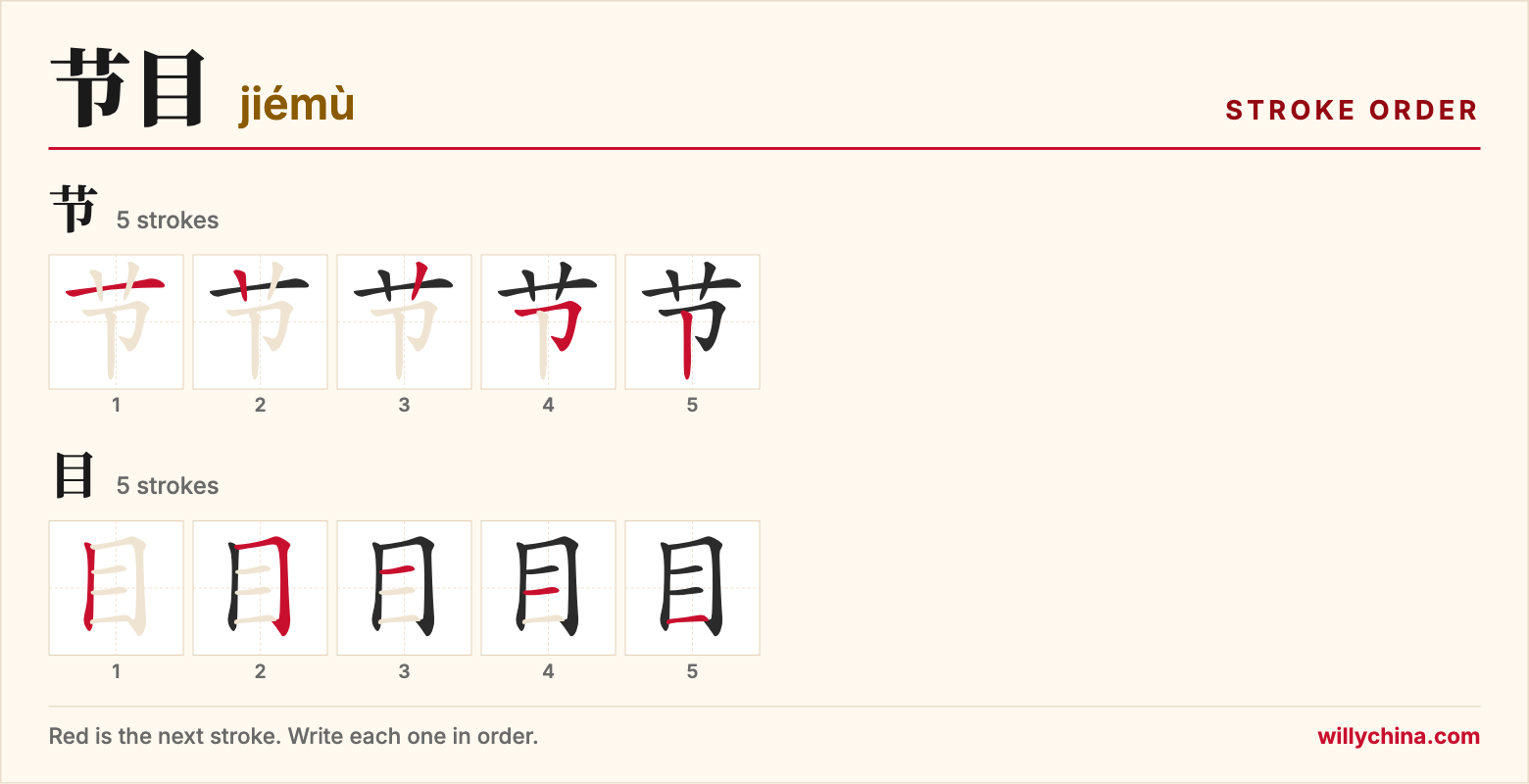 节目 (jiémù) stroke order chart: each stroke of the characters in the order you write them