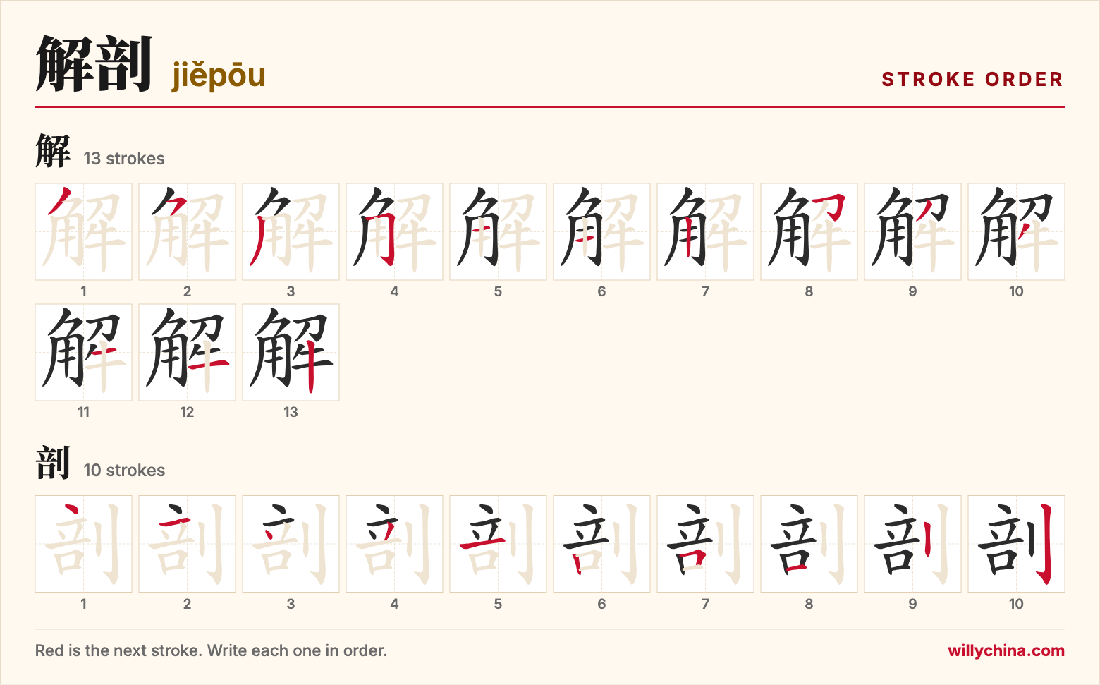 解剖 (jiěpōu) stroke order chart: each stroke of the characters in the order you write them
