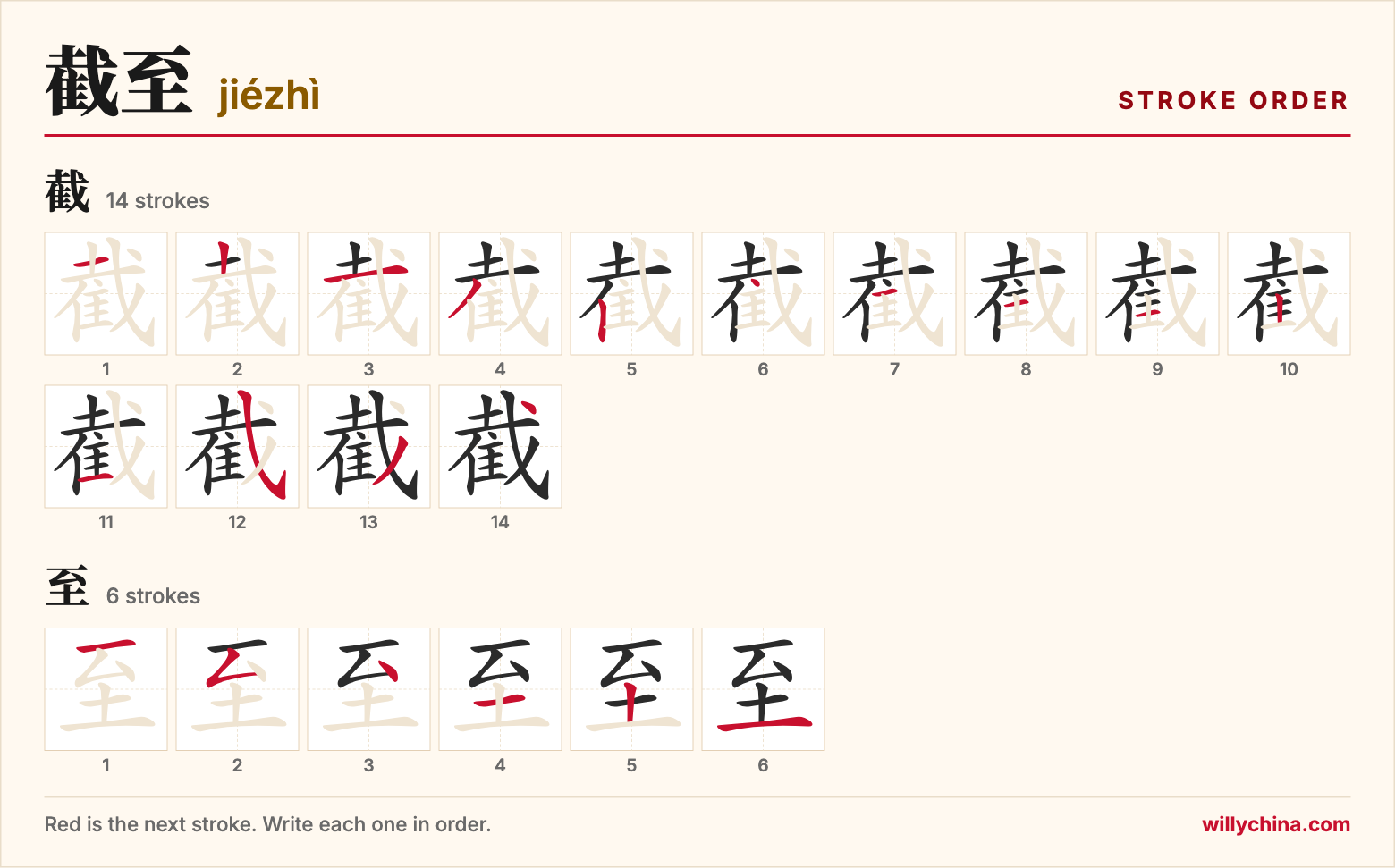 截至 (jiézhì) stroke order chart: each stroke of the characters in the order you write them