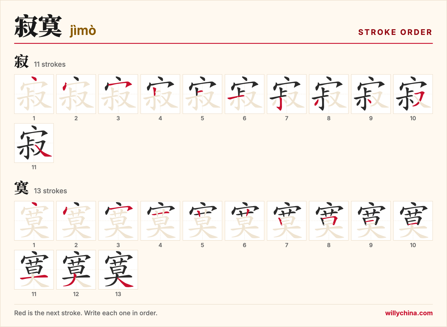 寂寞 (jìmò) stroke order chart: each stroke of the characters in the order you write them