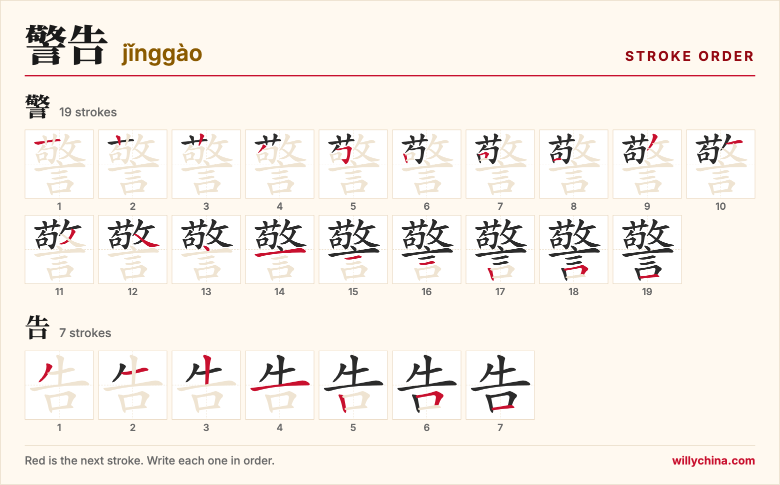 警告 (jǐnggào) stroke order chart: each stroke of the characters in the order you write them