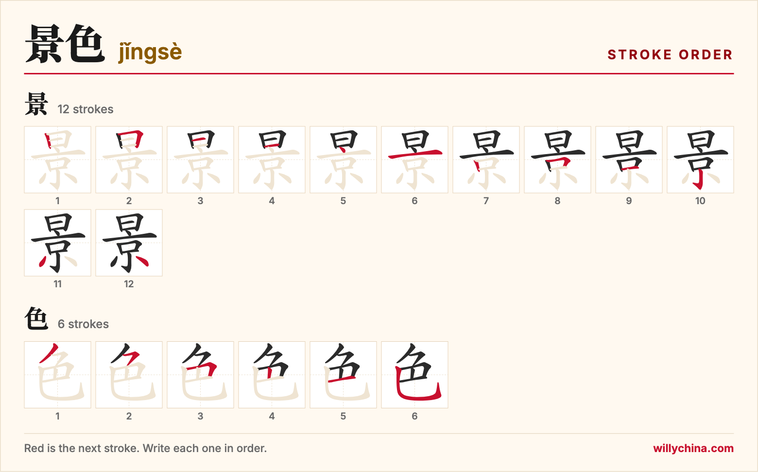 景色 (jǐngsè) stroke order chart: each stroke of the characters in the order you write them