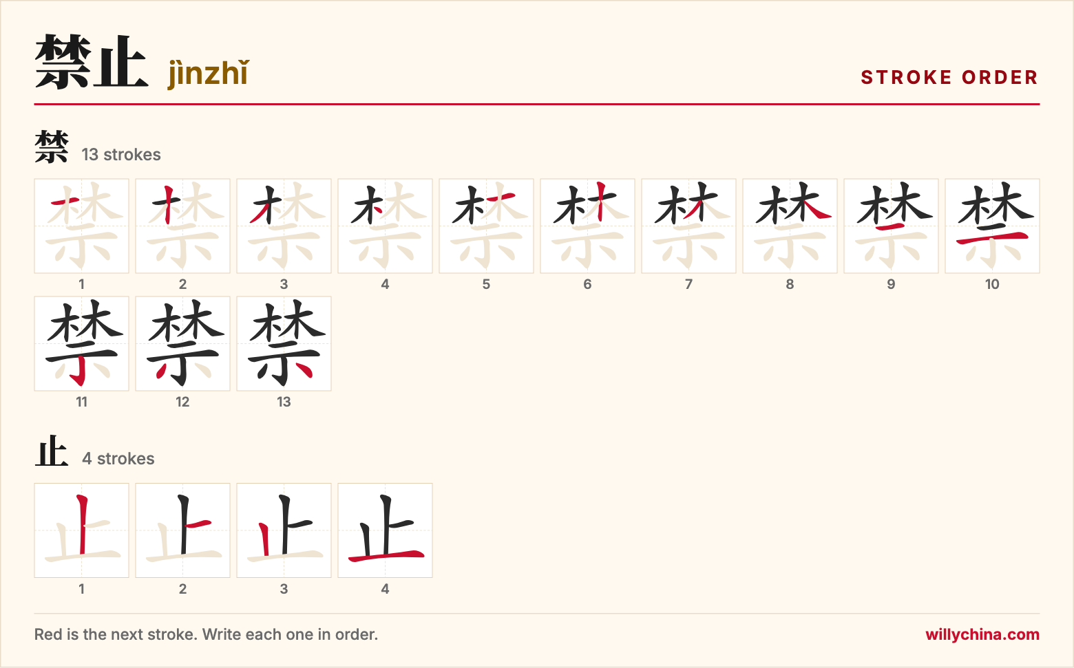 禁止 (jìnzhǐ) stroke order chart: each stroke of the characters in the order you write them