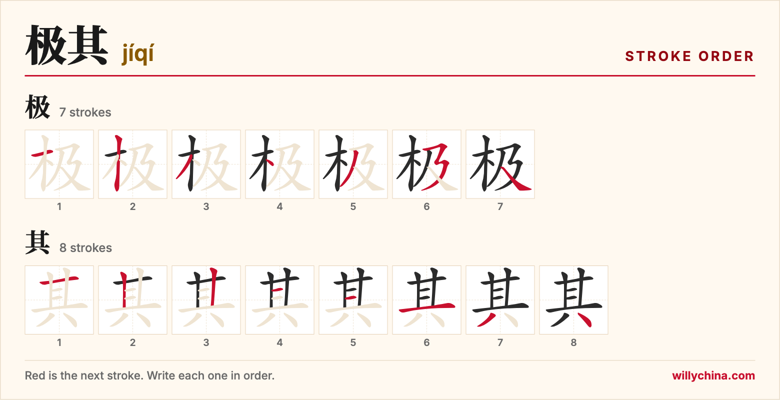 极其 (jíqí) stroke order chart: each stroke of the characters in the order you write them