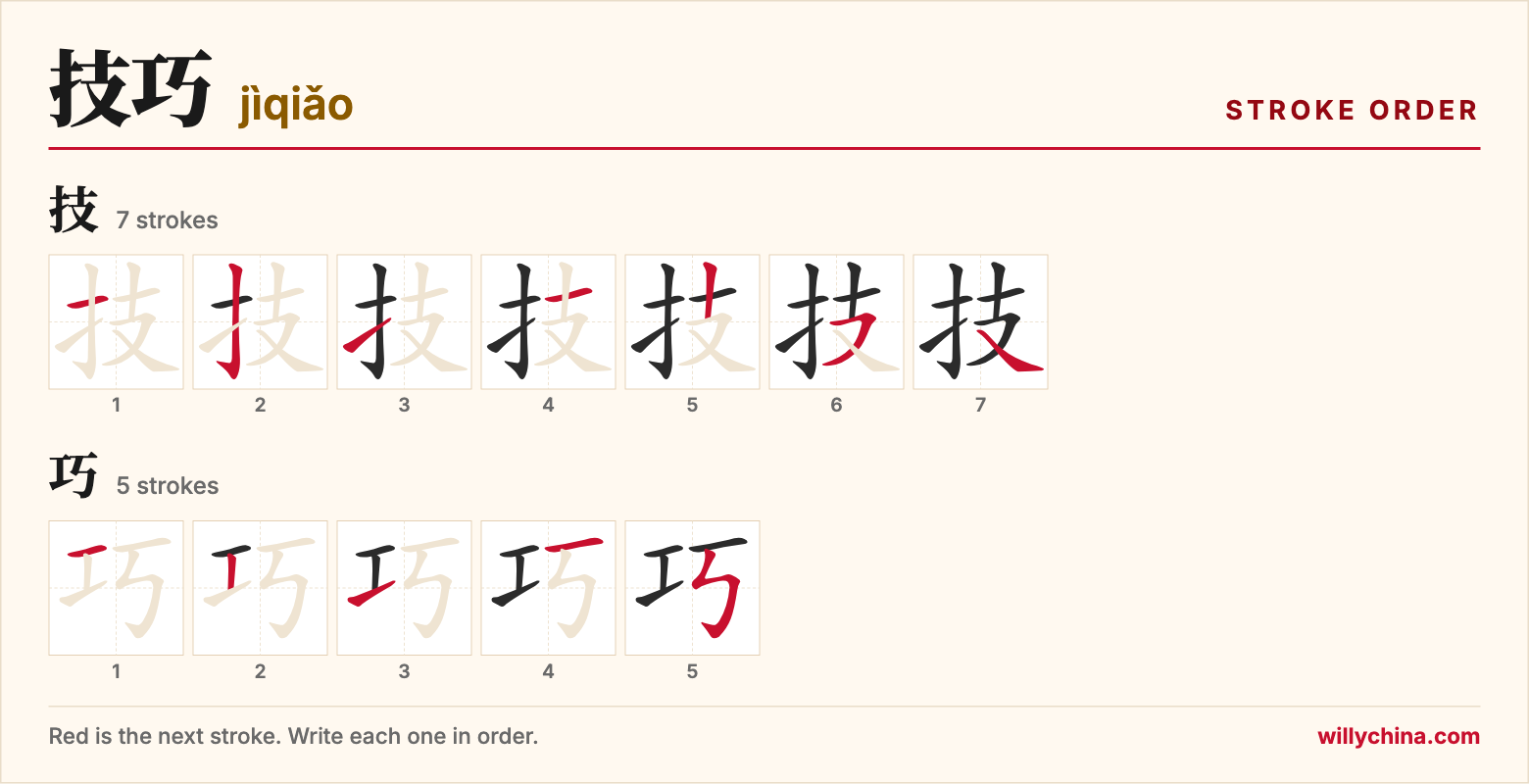技巧 (jìqiǎo) stroke order chart: each stroke of the characters in the order you write them