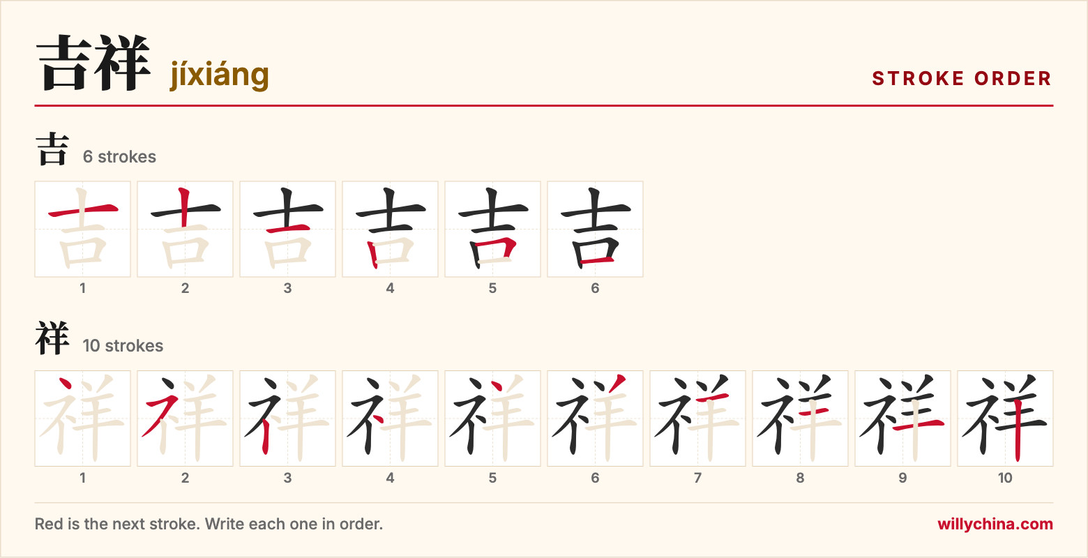 吉祥 (jíxiáng) stroke order chart: each stroke of the characters in the order you write them