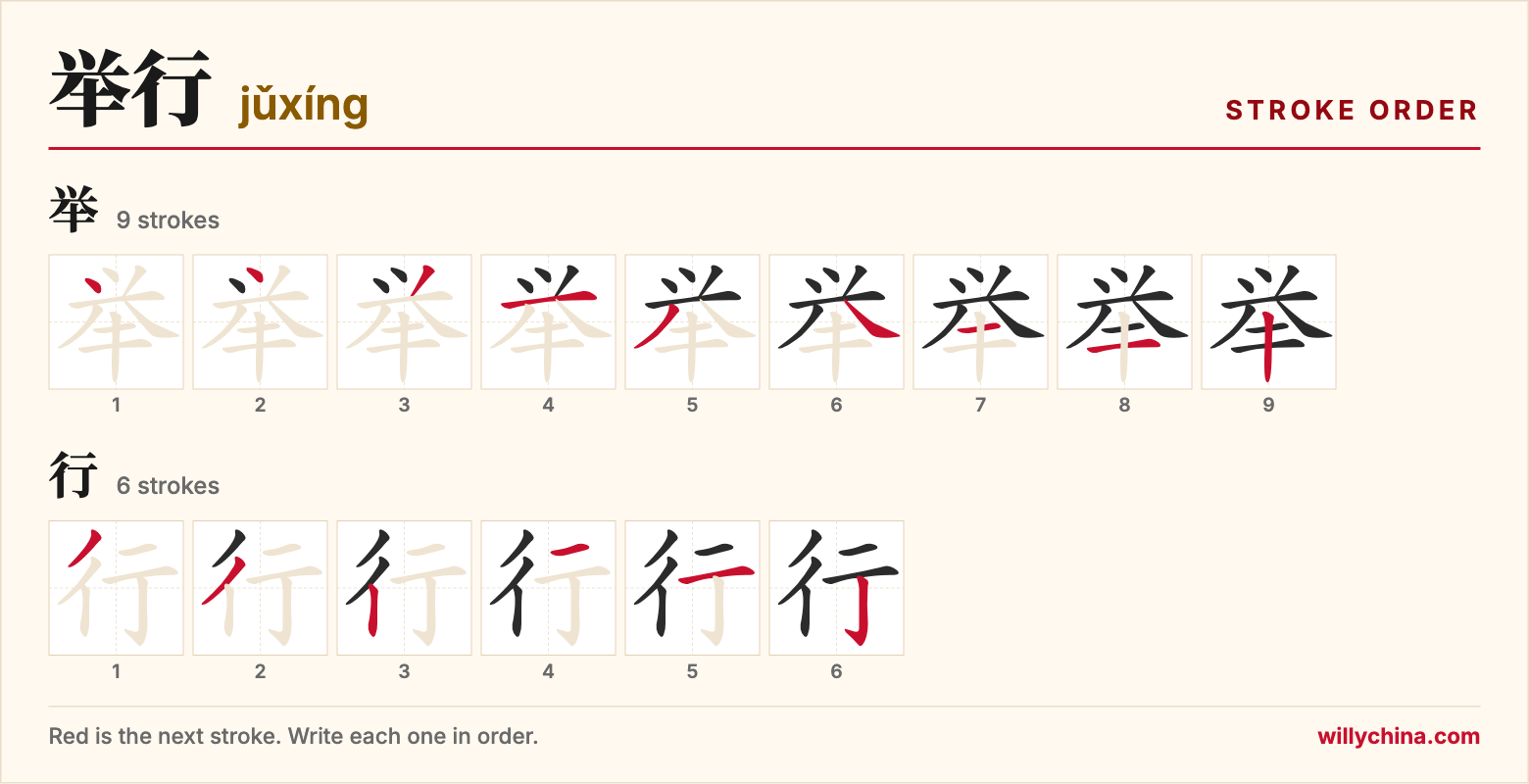举行 (jǔxíng) stroke order chart: each stroke of the characters in the order you write them