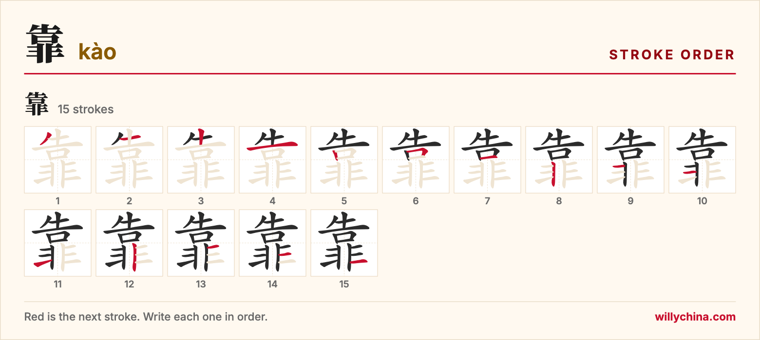 靠 (kào) stroke order chart: each stroke of the character in the order you write it