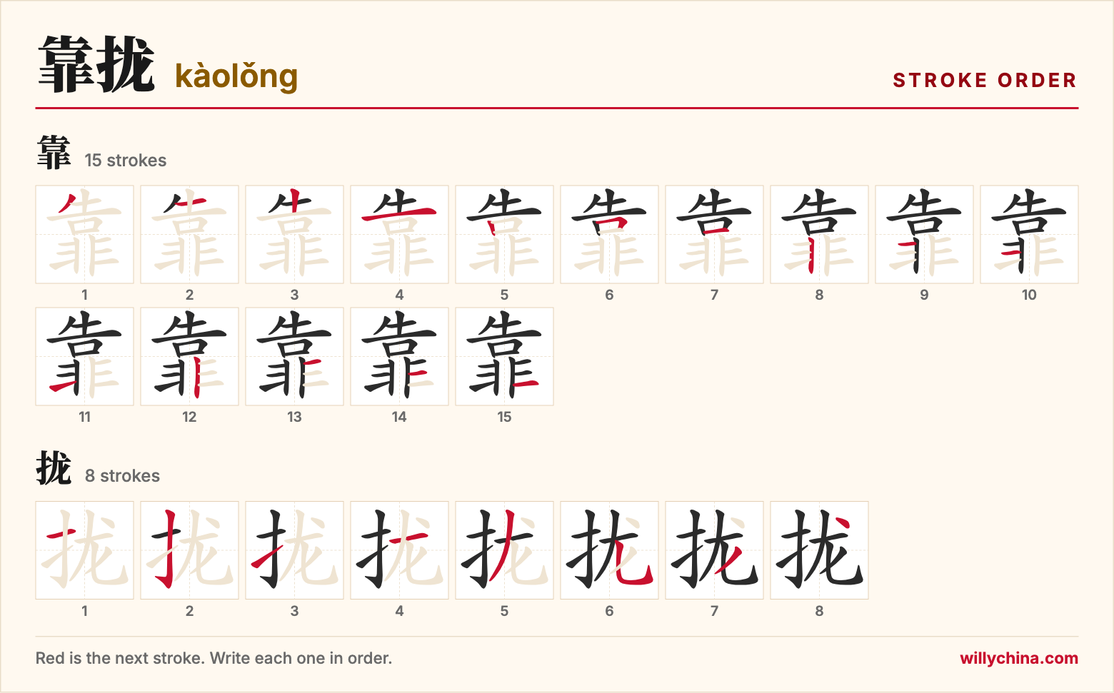 靠拢 (kàolǒng) stroke order chart: each stroke of the characters in the order you write them